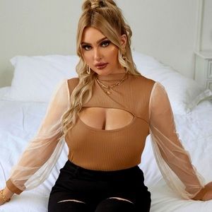 Unworn brown and tan mesh bishop sleeve top